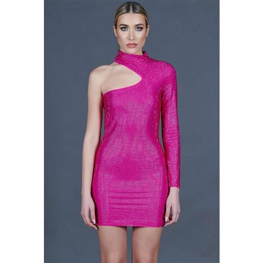 D'Arienzo vestito monospalla a tubino fuxia con veri cristalli D'Arienzo