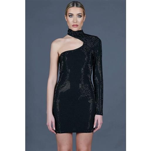 D'Arienzo vestito monospalla a tubino nero con veri cristalli D'Arienzo