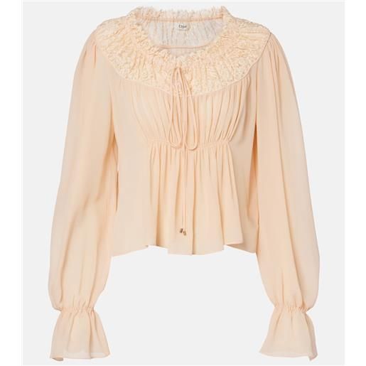 Chloe chloã© blusa cropped arricciata in seta con pizzo