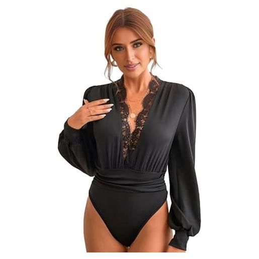 SUIUOI body da donna con maniche in pizzo, scollo a v profondo, bordo in pizzo, maniche lunghe, chic, schiena scoperta, elegante camicetta, nero, m