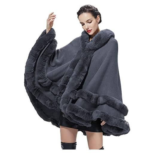 BEAUTELICATE poncho mantella lavorato a maglia con cappuccio in pelliccia sintetica scialle stola cappotto cardigan donna per matrimonio invernale festa (khaki, taglia unica)