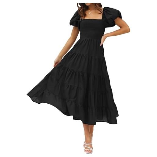 ZESICA abito longuette da donna estivo con scollo quadrato e maniche a sbuffo a tinta unita a vita alta casual con punto smock fluido a strati, bianco, s