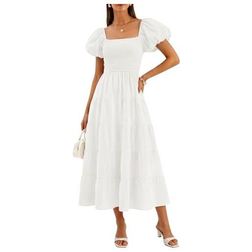 ZESICA abito longuette da donna estivo con scollo quadrato e maniche a sbuffo a tinta unita a vita alta casual con punto smock fluido a strati, bianco, l