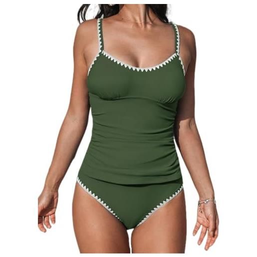 CUPSHE tankini da donna con scollo a u, bordo all'uncinetto, a vita media, spalline regolabili, costume da bagno in due pezzi, p-forest green, l