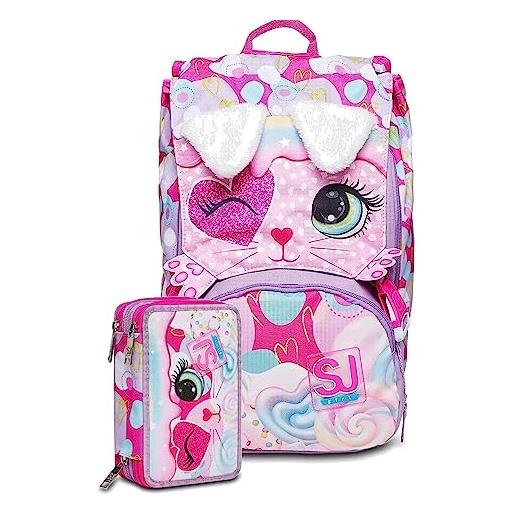 Minnie school pack zaino sj gang girl gatto heart lolly estensibile fucsia + astuccio 3 zip