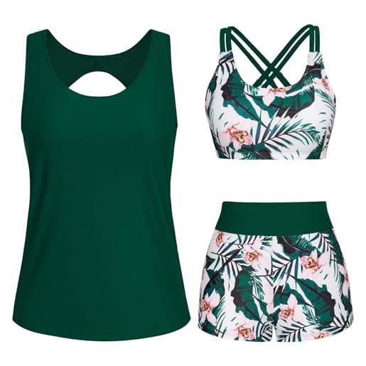 VPQILH 3 pezzi tankini donna vendita, costume da bagno da donna con pantaloncini, canotte con reggiseno e culotte sets stampato tankini set crisscross bikini, top controllo pancia, vita alta costume bagno