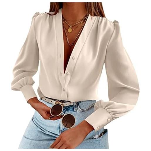 TANMESSO camicetta da donna in chiffon a maniche lunghe con scollo a v, casual, in seta, con bottoni, per l'estate, albicocca, m