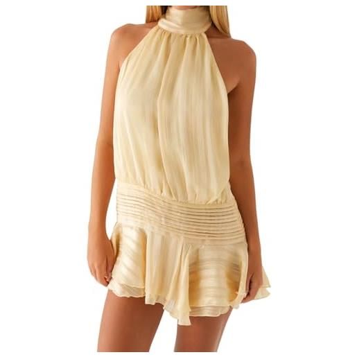 MYBFYABO abito estivo da donna 2025 con scollo all'americana senza maniche aperto sul retro con volant a strati in chiffon a strati plissettato una linea swing mini abito, giallo, m
