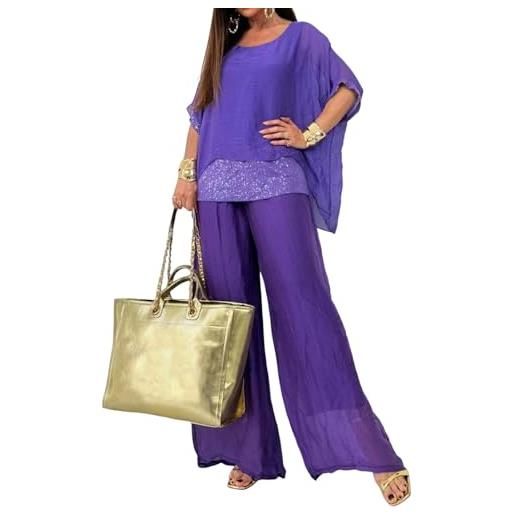 SHINROAD donne paillettes top pantaloni larghi set lady t-shirt pantaloni donna 2 pezzi lucido casual quotidiano, viola, l