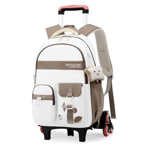 Amythe zaino con ruote per ragazze, cartella a rotelle per ragazze della scuola elementare e media, zaini scuola trolley rimovibile per adolescenti bambina, 6 ruote, marrone