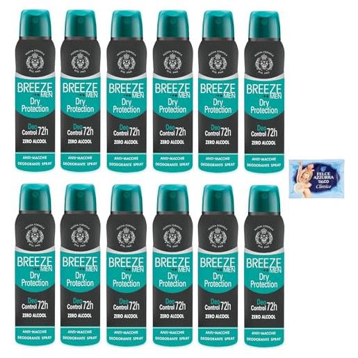 Felce Azzurra 12x breeze deodorante spray man dry protection, zero macchie sulla pelle, zero alcol 150ml + 1 busta di talco Felce Azzurra in omaggio da 100g
