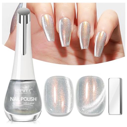 SUPWEE cat eye smalto per unghie - 16 ml cat magnetico smalto argento ad asciugatura rapida glitter occhi di gatto smalto magnetico gel senza lampada uv lampada casa fai da te nail art