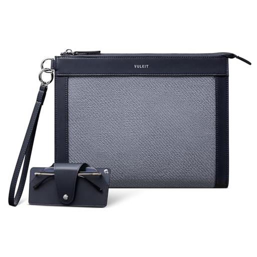 VULKIT pochette da uomo con custodia per occhiali rimovibile, grande portafoglio da polso da uomo, borsa da lavoro, blu navy