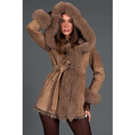 D'Arienzo cappottino in montone scamosciato fango con cappuccio in volpe D'Arienzo