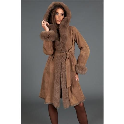 D'Arienzo cappotto in montone scamosciato fango con cappuccio in volpe D'Arienzo