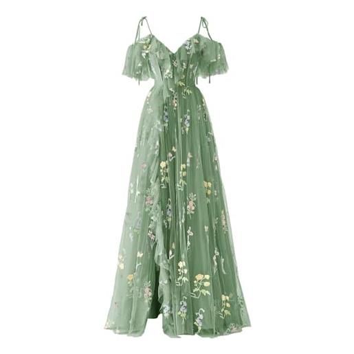 Gvnykany maniche a volant tulle abito da ballo donne ricamo floreale tulle abiti da ballo spacco lungo spalline spaghetti scollo a v formale abiti da sera, foglia di tè, 46