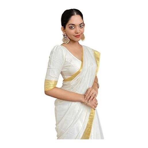 Generic aashita creations - sari chanderi da donna in cotone con camicetta non cucita (bordo bianco dorato), bianco, etichettalia unica