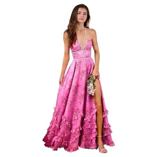 Generico abito da ballo floreale in chiffon con corsetto abiti da sera formali con scollo a v e perle abiti da damigella d'onore per donna hot pink s