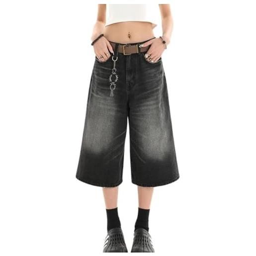 FYHTC donne y2k baggy jorts vintage gamba larga, pantaloncini lunghi in jeans, vestibilità ampia pantaloncini capri in denim trendy grunge vintage streetwear(black, small)