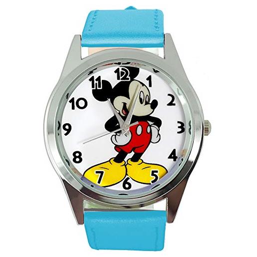 Taport® orologio analogico al quarzo con cinturino in vera pelle blu rotondo per fan di topolino