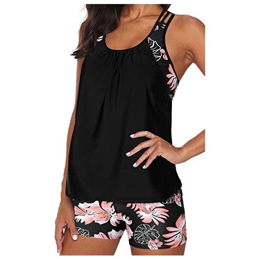 Ocean Plus donna tankini scollo rotondo set di due pezzi costume da bagno con canotta in jersey con pantaloncini neri (s (eu 34-36), fiori neri)