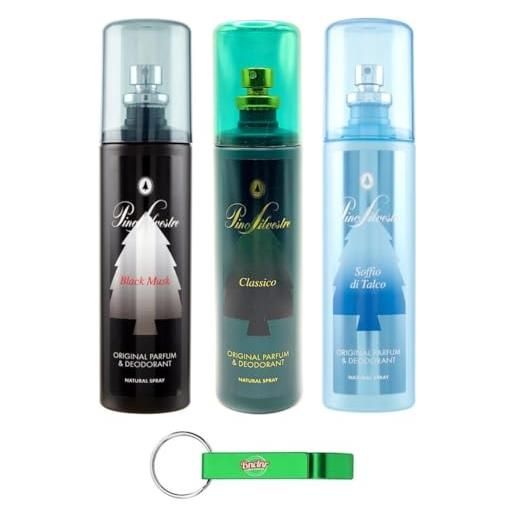 Beni Culinari confezione da 3 pezzi pino silvestre classico soffio di talco black musk originale profumo & deodorante spray 125 ml + portachiavi Beni Culinari
