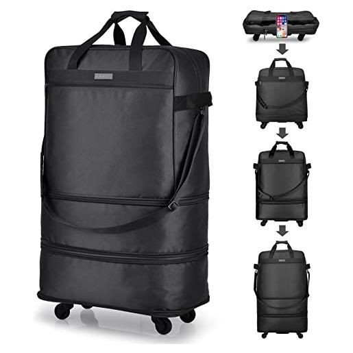 Hanke borsa da viaggio pieghevole con ruote 50l-70l-90l espandibile impermeabile bagagli per trasloco, versione black upgrade