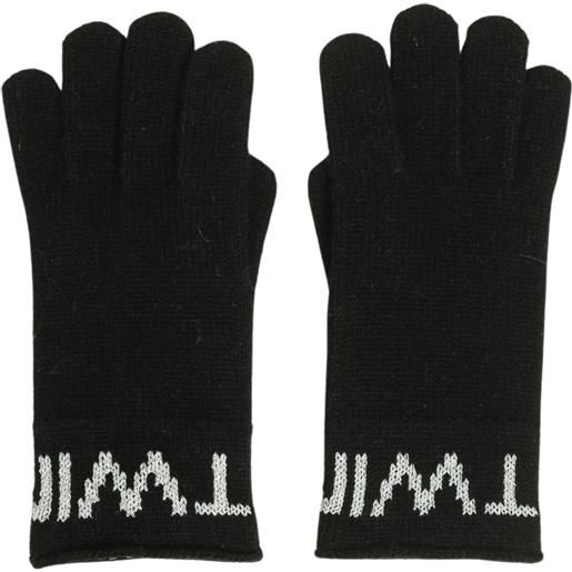 TWINSET guanti neri in lana con logo twinset a contrasto