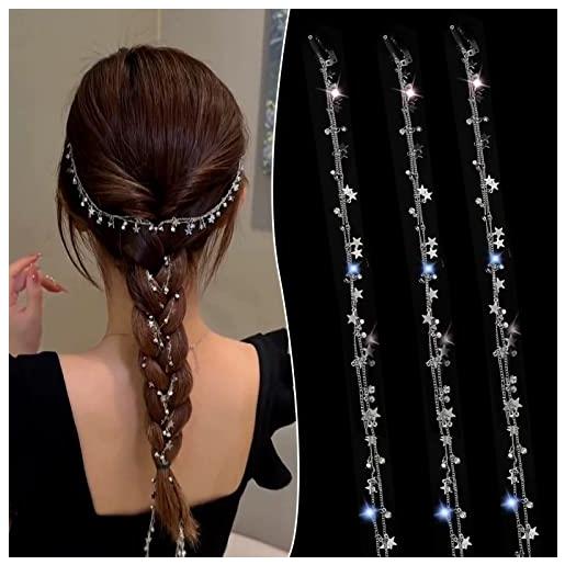 NICENEEDED 3 catena per capelli per trecce, gioielli per capelli nappa stella luna d'argento, catene a clip per capelli lunghe da 18 pollice nelle estensioni dei capelli intrecciate per capelli per