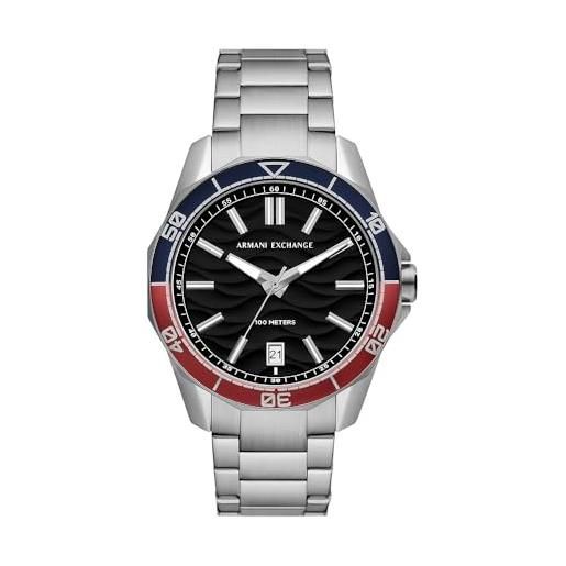 Armani Exchange orologio per uomo, movimento al quarzo con data a tre lancette e cassa da 44 mm con cinturino in acciaio o silicone, tono argento e nero