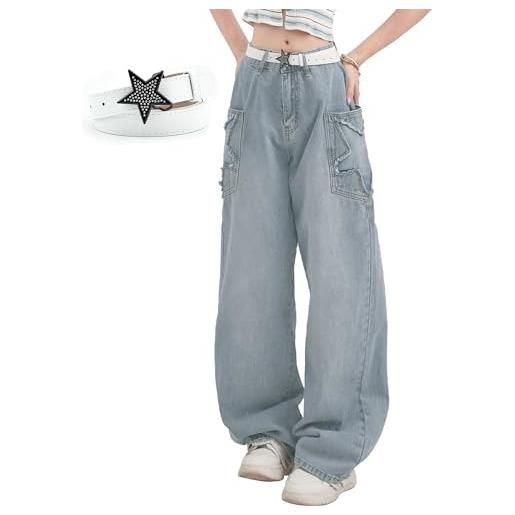 YINGWIN star jeans y2k baggy jeans donna grandi tasche, blu + cintura, xl
