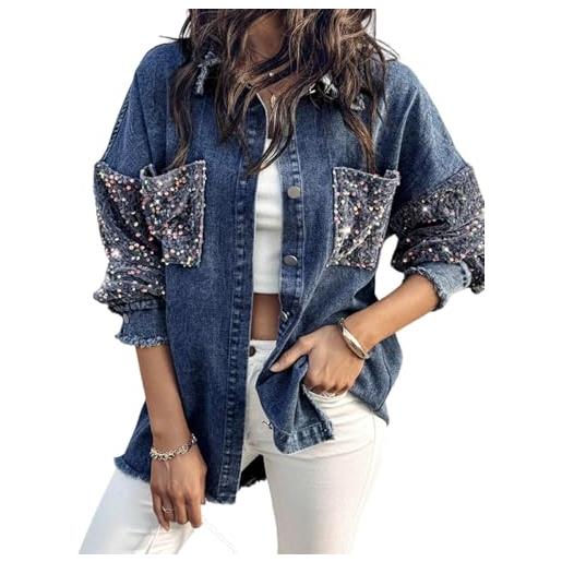 Juankrynord giacca in denim con paillettes a maniche lunghe e orlo a nappa da donna con paillettes con giunture a maniche lunghe casual alla moda con perline (blu navy, xl)