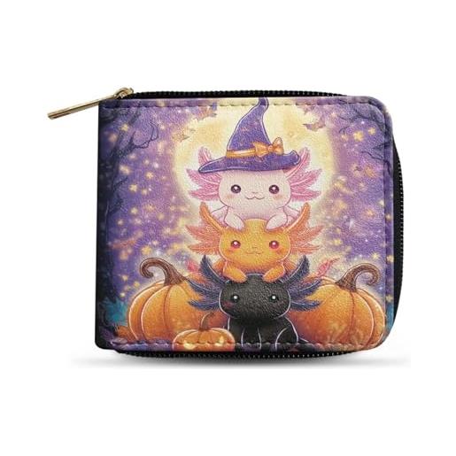 Dngkaoje portafogli bifold con cerniera per uomo pochette in pelle pu con più slot per carte di credito organizzatore casual per denaro, carino halloween axolotl, l4.9xw1xh4.2 inches