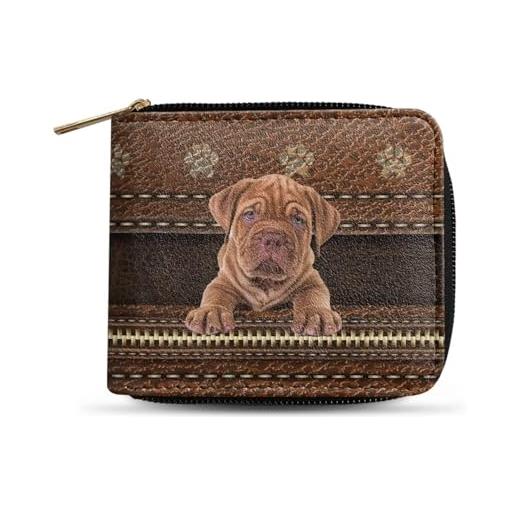 Dngkaoje portafogli bifold con cerniera per uomo pochette in pelle pu con più slot per carte di credito organizzatore casual per denaro, cane shar pei marrone, l4.9xw1xh4.2 inches