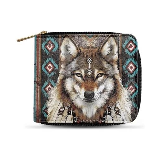 Dngkaoje portafogli bifold con cerniera per uomo pochette in pelle pu con più slot per carte di credito organizzatore casual per denaro, lupo tribale etn, l4.9xw1xh4.2 inches