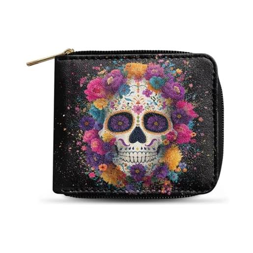 Dngkaoje portafogli bifold con cerniera per uomo pochette in pelle pu con più slot per carte di credito organizzatore casual per denaro, teschio fiore stile, l4.9xw1xh4.2 inches