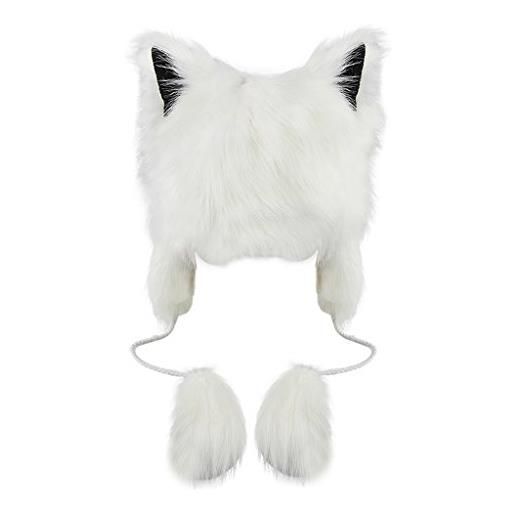 haozaikeji cappello invernale da donna in pelliccia sintetica con orecchie di gatto, volpe, cappello termico caldo lavorato a maglia, spesso, morbido, per snowboard, ciclismo, sci, per ragazze e donne, bianco