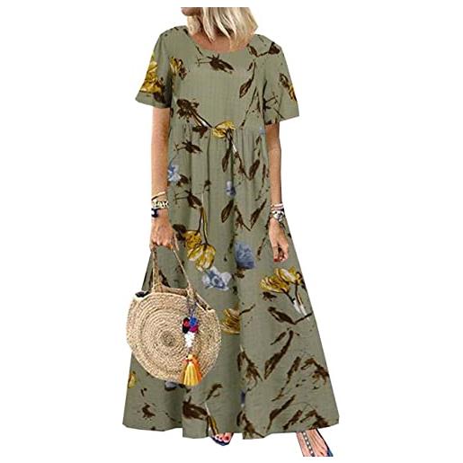 BAIXIAOCHI abito lungo allentato a vita allentata in lino di cotone con scollo tondo stampato estivo