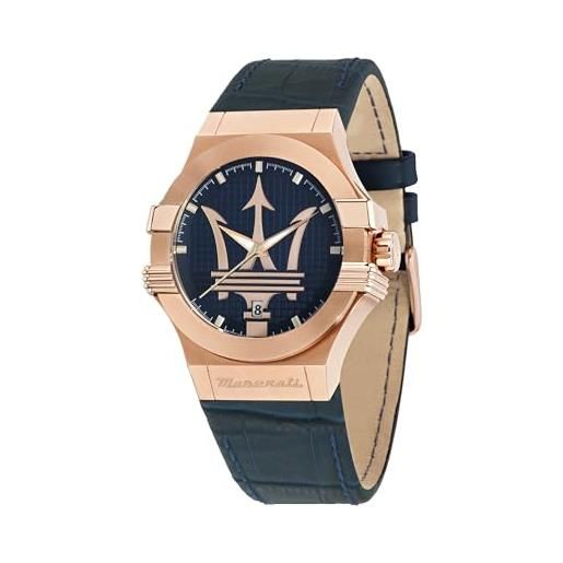 Maserati orologio da uomo, collezione potenza, movimento al quarzo, tempo e data, in acciaio, pvd oro rosa e cuoio - r8851108027