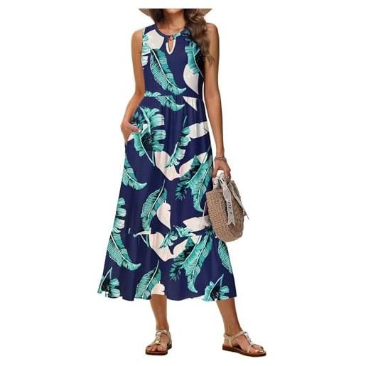 Tanmolo abito estivo da donna, lungo, maxi abito da donna, linea ad a, abito da spiaggia con scollo rotondo, stile swing, con motivo floreale, senza maniche, con tasche, foglie di banana blu, xl