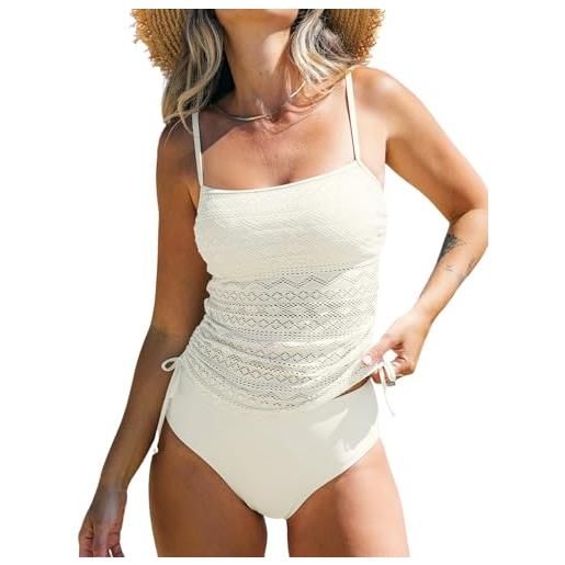 CUPSHE tankini da donna set due pezzi costume da bagno quadrato collo in rete costume da bagno regolabile spalline sottili coulisse costume da bagno, nero , s