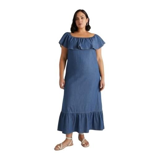 FIORELLA RUBINO: vestito lungo in denim curvy size blu stagione primavera estate 2025. 