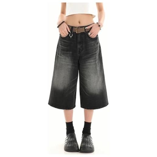 KIHFSODN bermuda in denim da donna, pantaloncini larghi al ginocchio, jeans vintage a gamba dritta taglie forti con tasche(black, s)