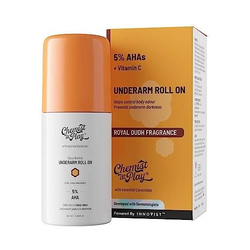 Chemist at Play under. Arm roll-on with 5% aha, lactic acid & 1% mandelic acid | prevents body odour, brightens skin & exfoliates underarm | for sensitive skin | royal oudh fragrance | alcohol free-40ml