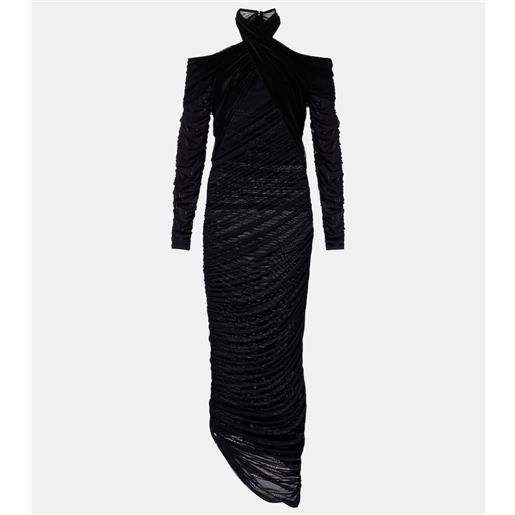 Mugler abito lungo in mesh e velluto drappeggiato
