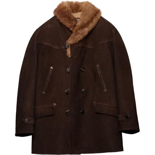 Prada giacca in pelle scamosciata con collo in shearling - marrone