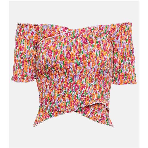 Poupette St Barth top cropped con scollo bardot e stampa