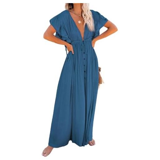 Generic maxi abito estivo da donna con scollo a v profondo scollo a v e bottoni, con tasche, estivo, ampio, bohémien, da spiaggia, prendisole, blu reale, taglia unica