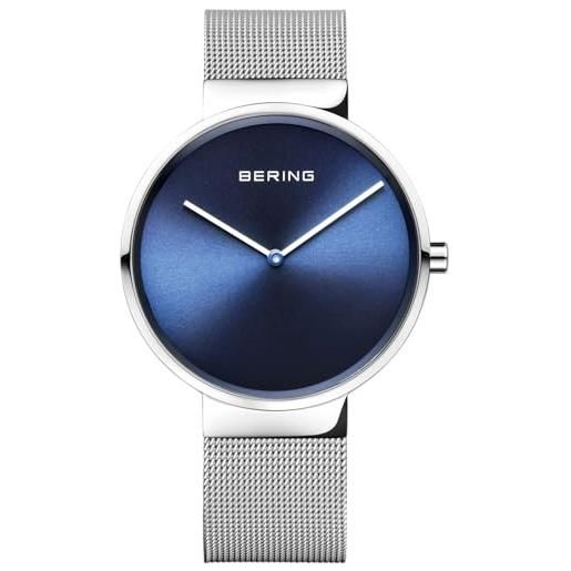 BERING 14539-007 orologio unisex al quarzo, orologio da polso con cassa in acciaio inossidabile color argento da 39 mm e quadrante blu, cinturino in maglia milanese, vetro zaffiro, 5 atm