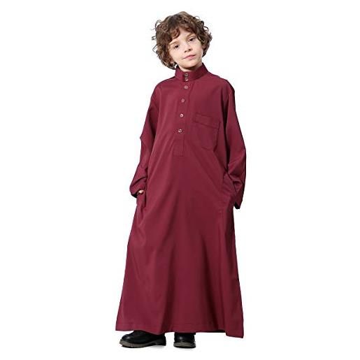 N\C musulmani ragazzi stand collare maniche lunghe tinta unita thobe arabo bambini veste, vino rosso